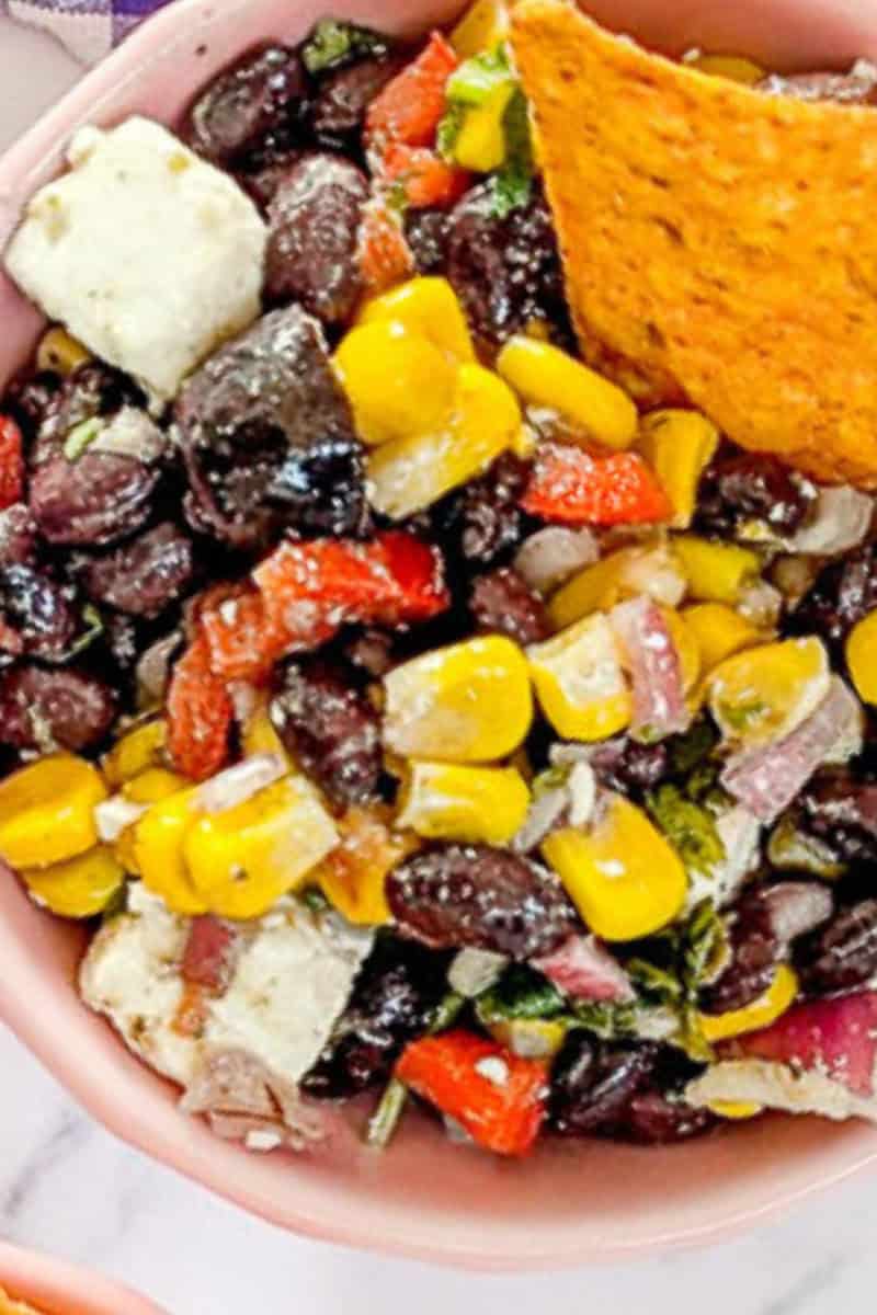 Black bean and corn salsa served with corn tortilla chips.