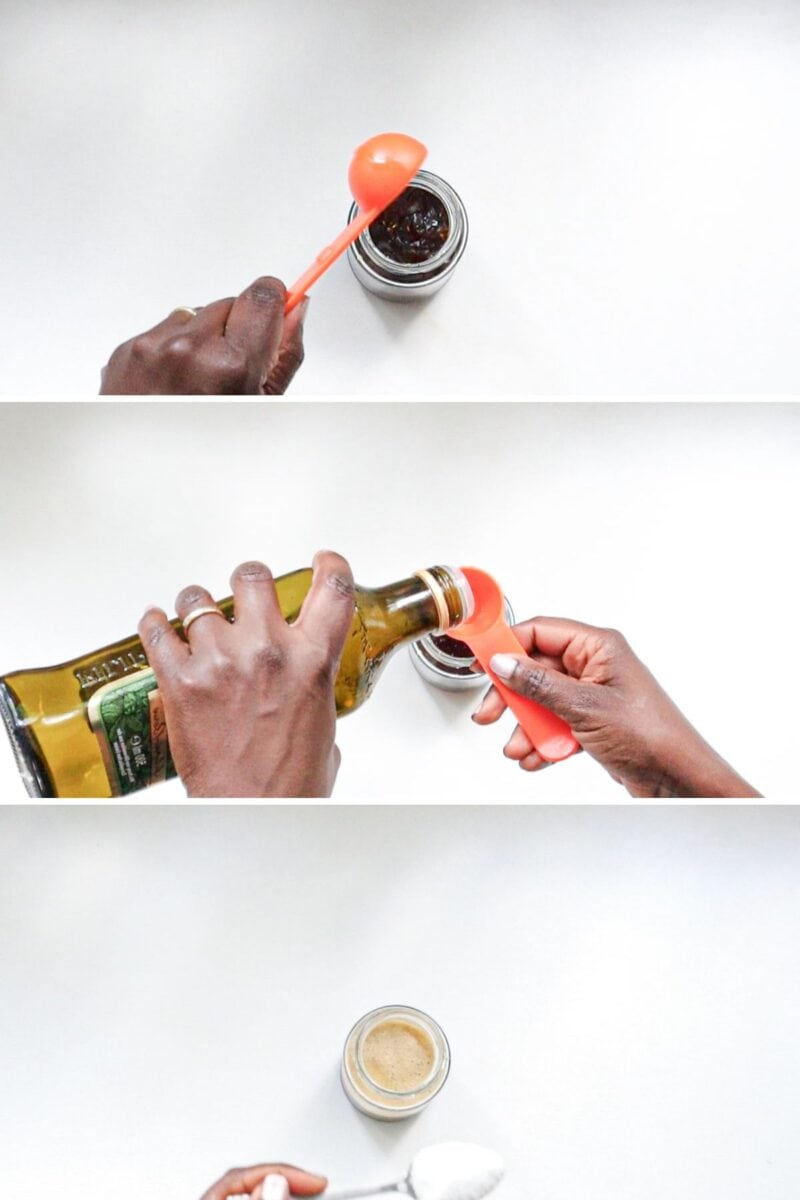 Making sugar free balsamic dressing in a glass jar.