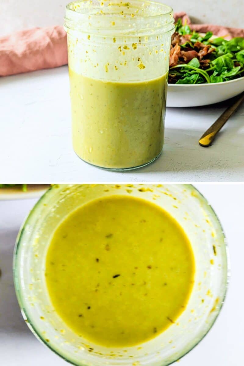 A collage showing pesto balsamic dressing in a glass jar.