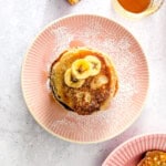 A bird's eye picture of buckwheat banana pancakes.