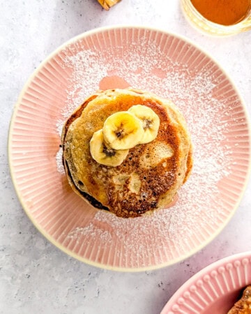 A bird's eye picture of buckwheat banana pancakes.