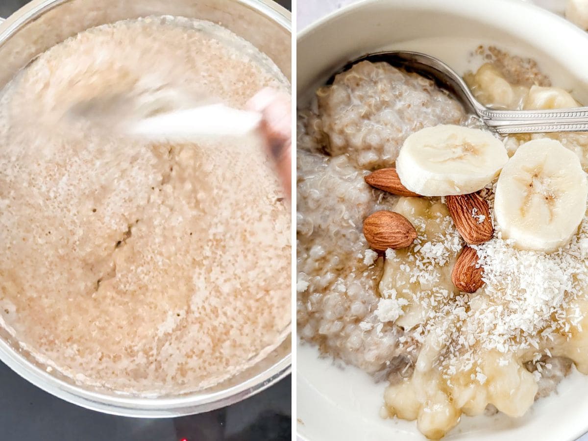 A collage showing this recipe cooking in a pot, as well as the served quinoa amaranth porridge.