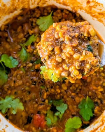 A scoop of green moong dal from a pot garnished with coriander leaves.