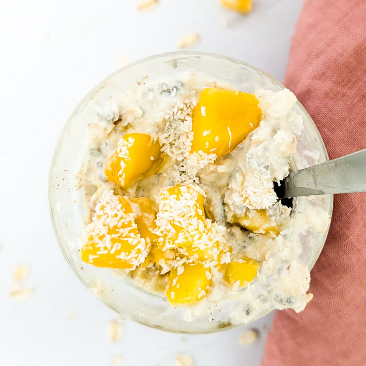 A zoomed in top-down image of overnight oats.