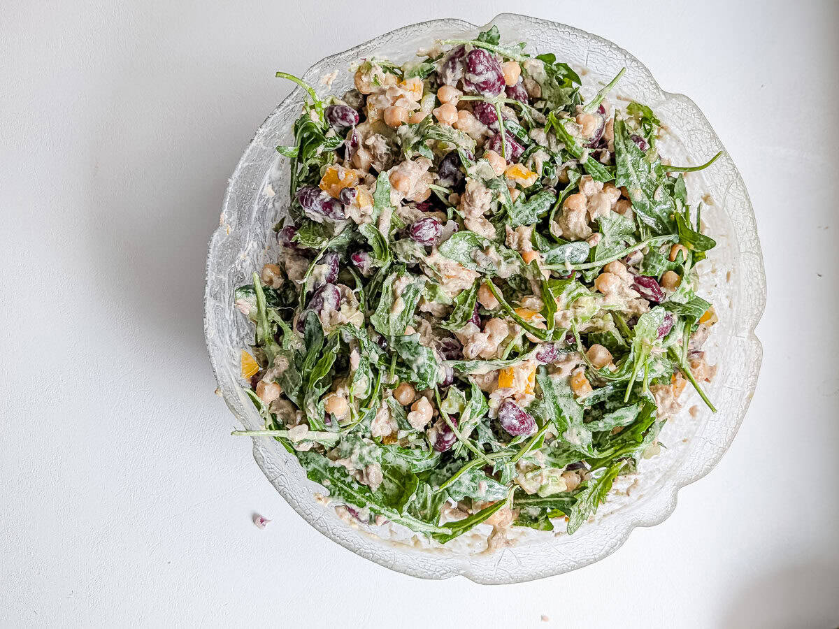 Arugula added to chickpea tuna salad.