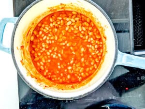 Beans simmering in sauce.
