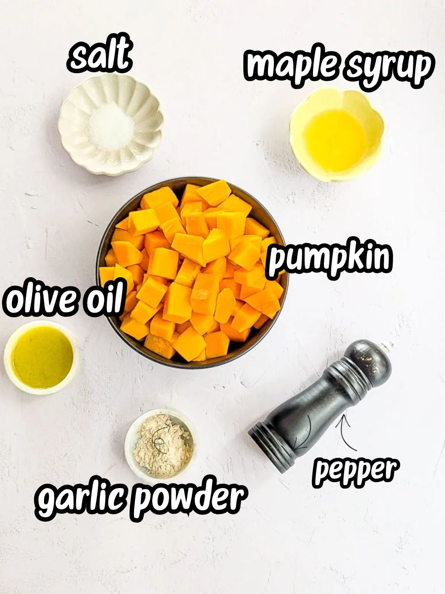 Ingredients for making roasted pumpkin with maple syrup.